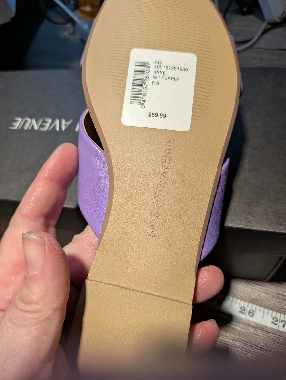 Saks Fifth Avenue New In Box Women’s Lilac Leather Slide Sandal Size 6.5